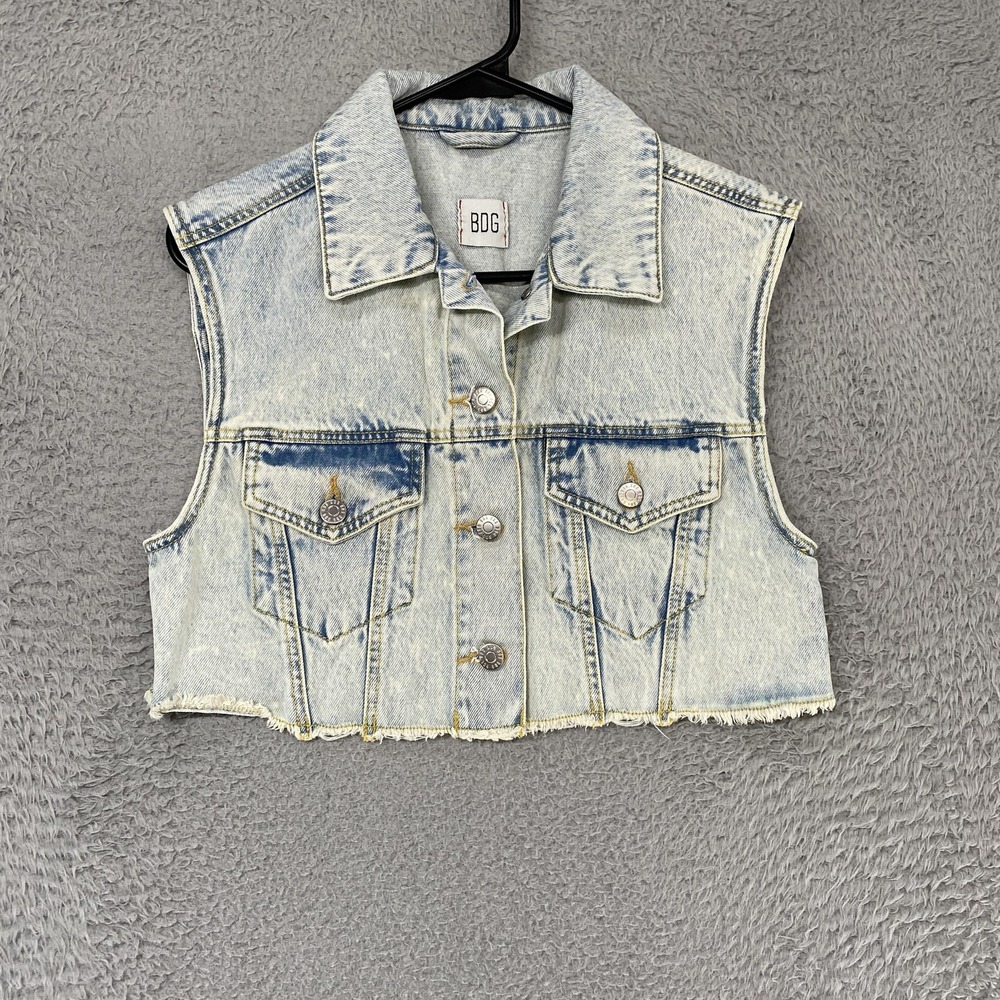 BDG Denim Vest Womens Small Light Wash Cropped Raw‎ Hem Button Up Collared Retro